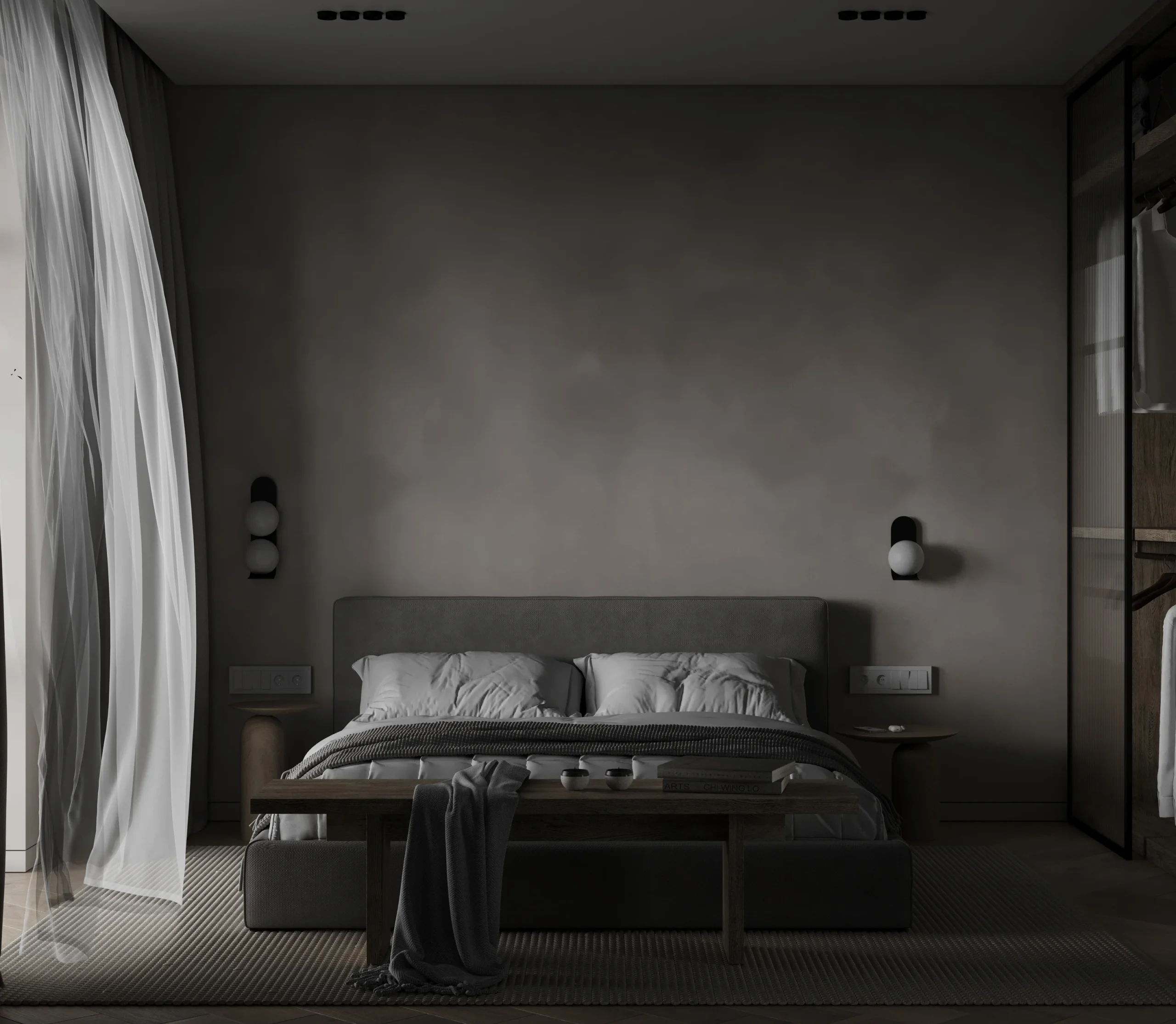 Apartment Villa Design Wardrobe Design Interior Design of High-Volume Villas Bedroom Glass Door Cabinet Dark Wabi-Sabi Style - Image 3