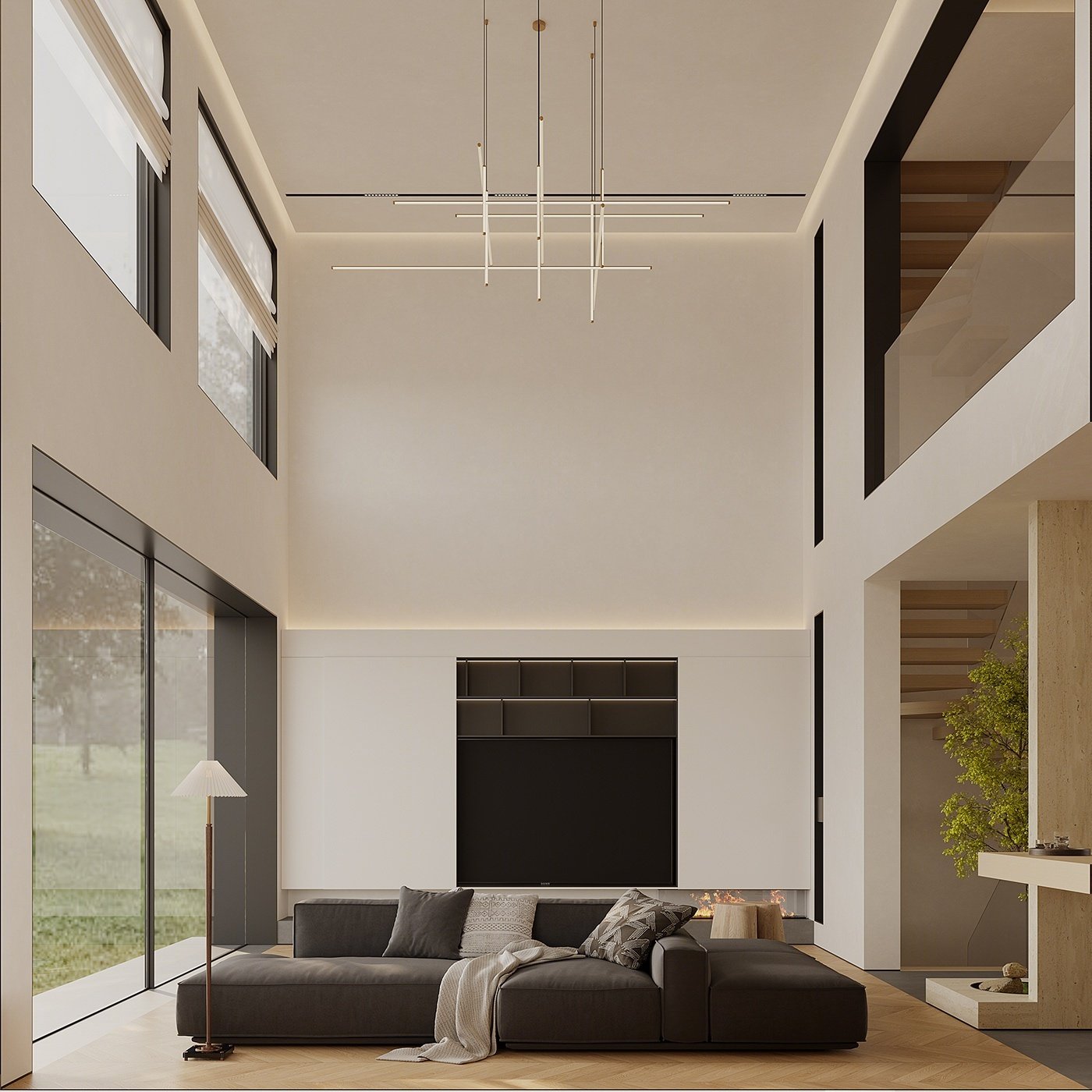 Villa Design Kitchen Cabinet Design Interior Design of High-Volume Villas Log Veneer Skeleton Line Hanging Cabinet Living Room - Image 8