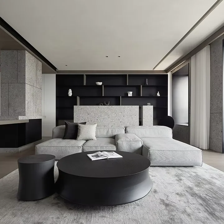 Modern Minimalist Black and Gray Villa Design Dark-colored Bookcase Black Bookcase High-end Customization Apartment Living Room