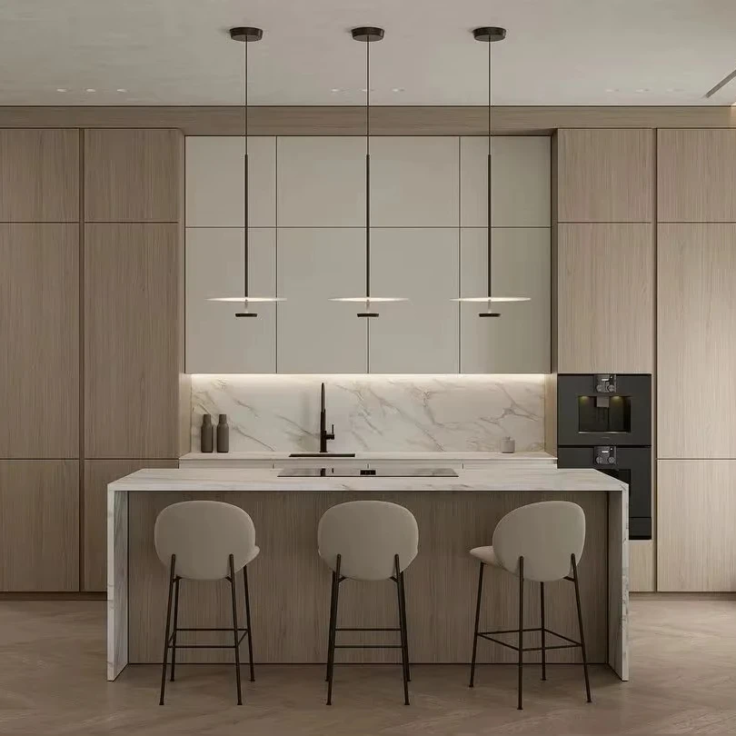 Modern Minimalism Villa Kitchen Cabinet Apartment Modular Cabinets Natural Wood Tone Kitchen Cabinets Original Wood Color