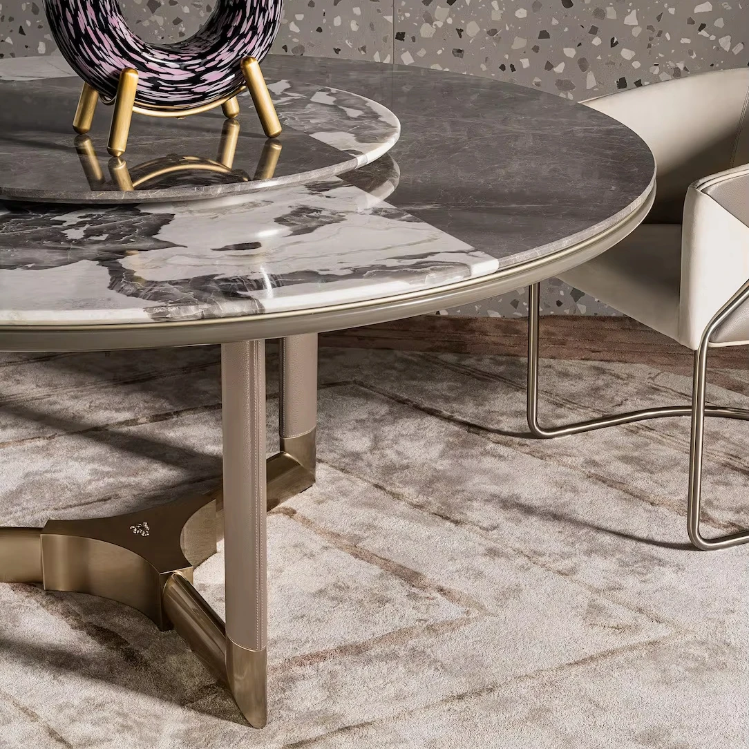 Luxury Dining Table Set with Light Italian Stainless Steels Chairs Live Edge Legs Modern Design Marble Car Wood Material - Image 2