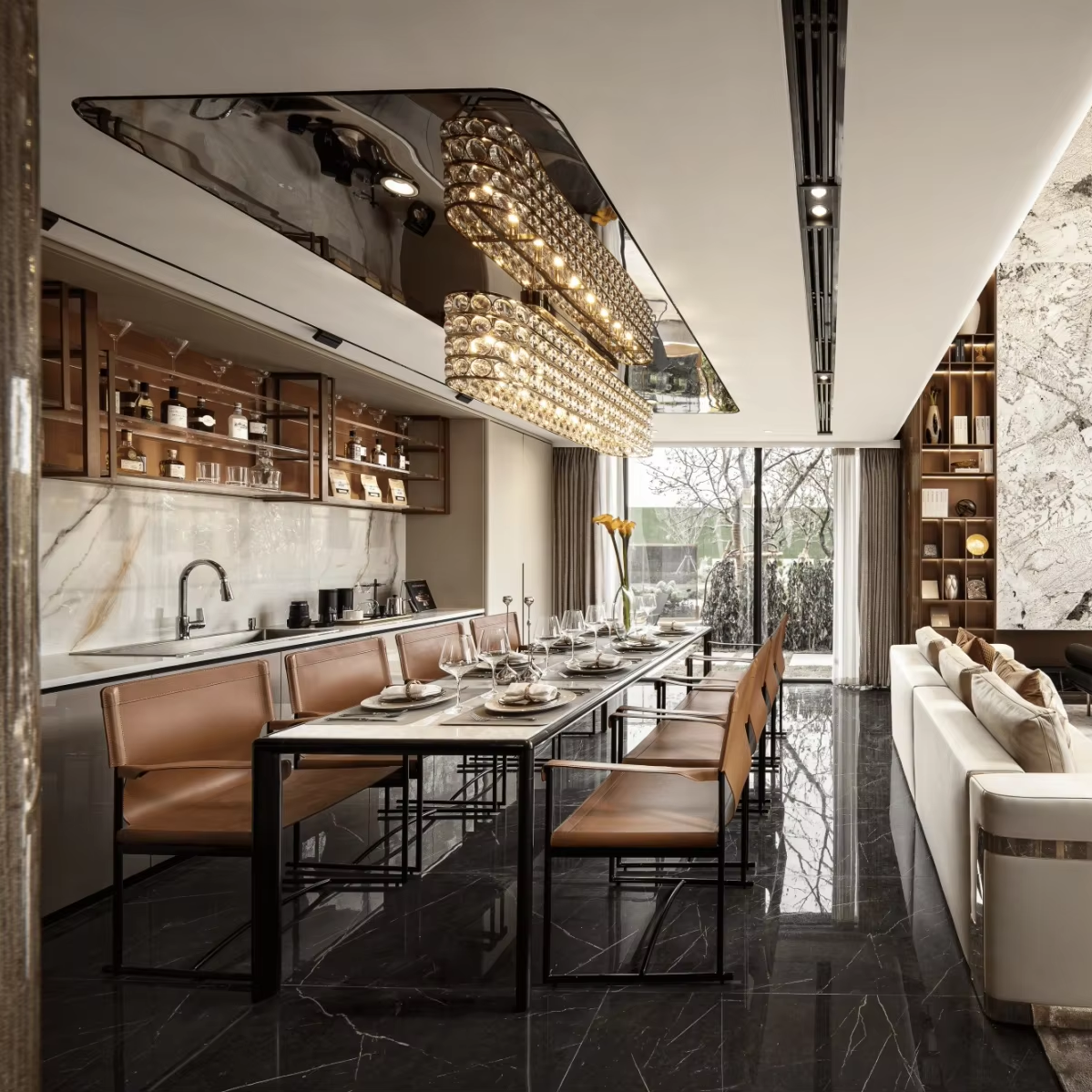 Villa Design Kitchen Cabinet Design Interior Design of High-Volume Villas Log Veneer Skeleton Line Hanging Cabinet Living Room