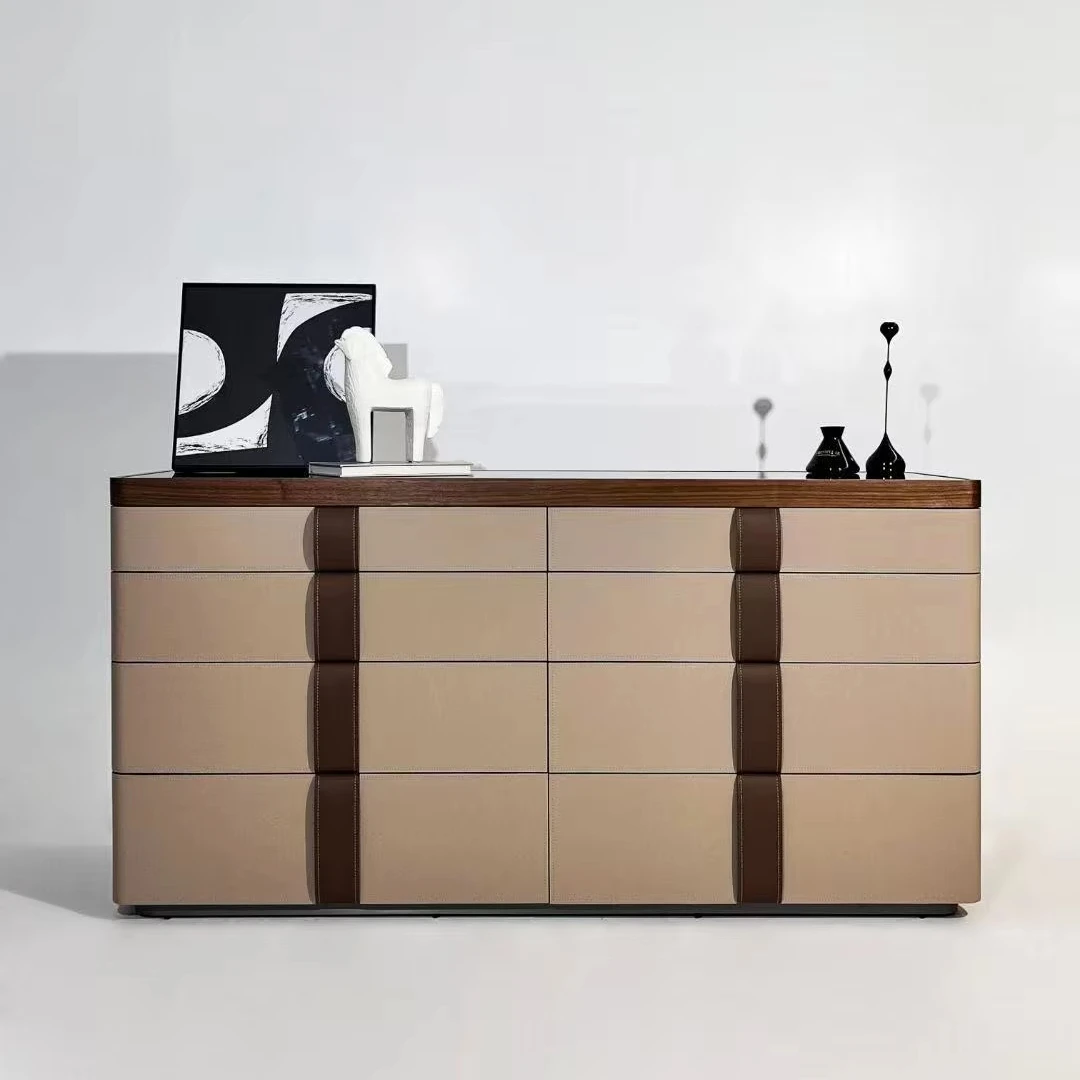 Italian High-End Console Cabinet Eight-Bucket Jewelry Table for Luxury Modern Bedroom Stainless Steel and Wood Home Furniture