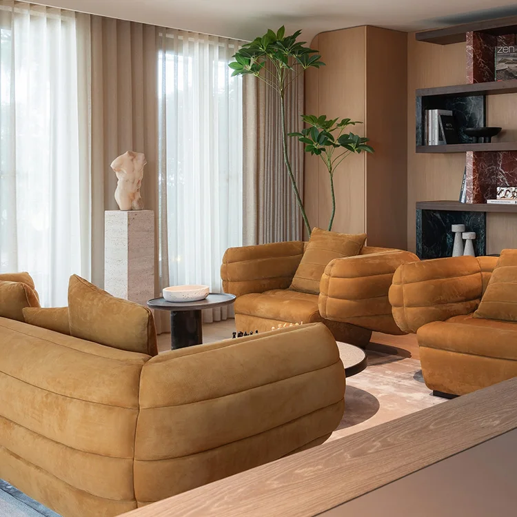 Modern High Quality Four-Seater Minimalist Style Yellow Genuine Leather Living Room Sofa Set for Villa Apartment