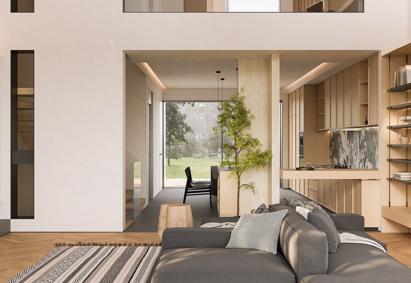 Villa Design Kitchen Cabinet Design Interior Design of High-Volume Villas Log Veneer Skeleton Line Hanging Cabinet Living Room - Image 11