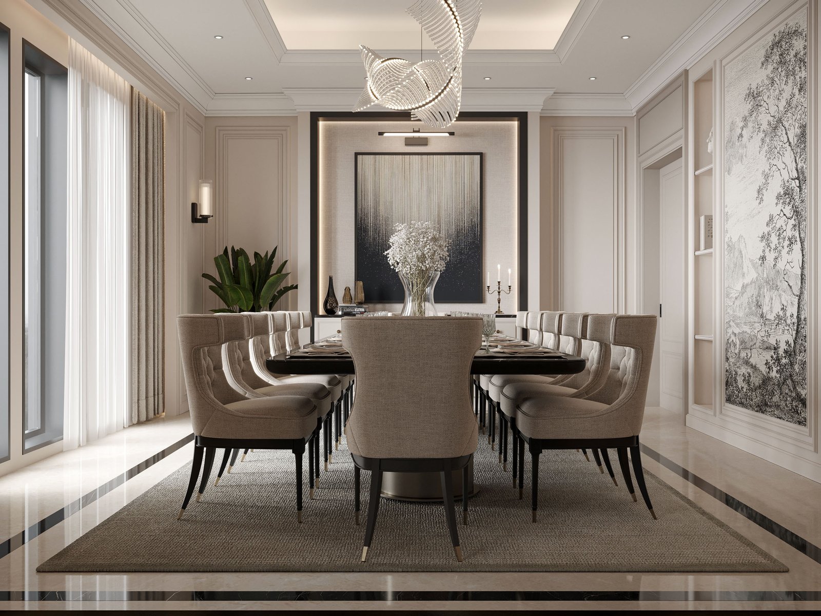 Villa Design Kitchen Cabinet Design Interior Design of High-Volume Villas Sofa Dining Table Chair Hanging Cabinet Living Room - Image 3