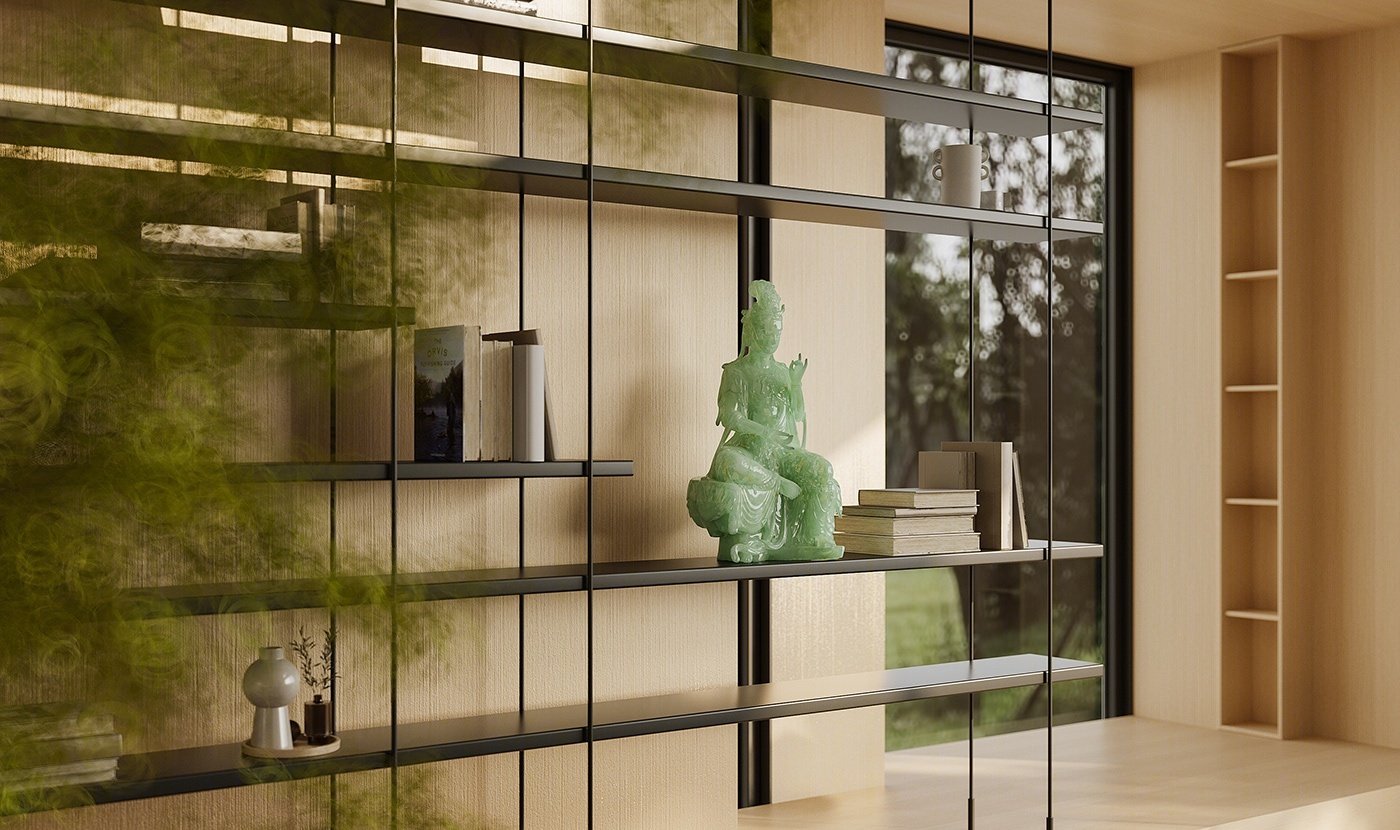 Villa Design Kitchen Cabinet Design Interior Design of High-Volume Villas Log Veneer Skeleton Line Hanging Cabinet Living Room - Image 12