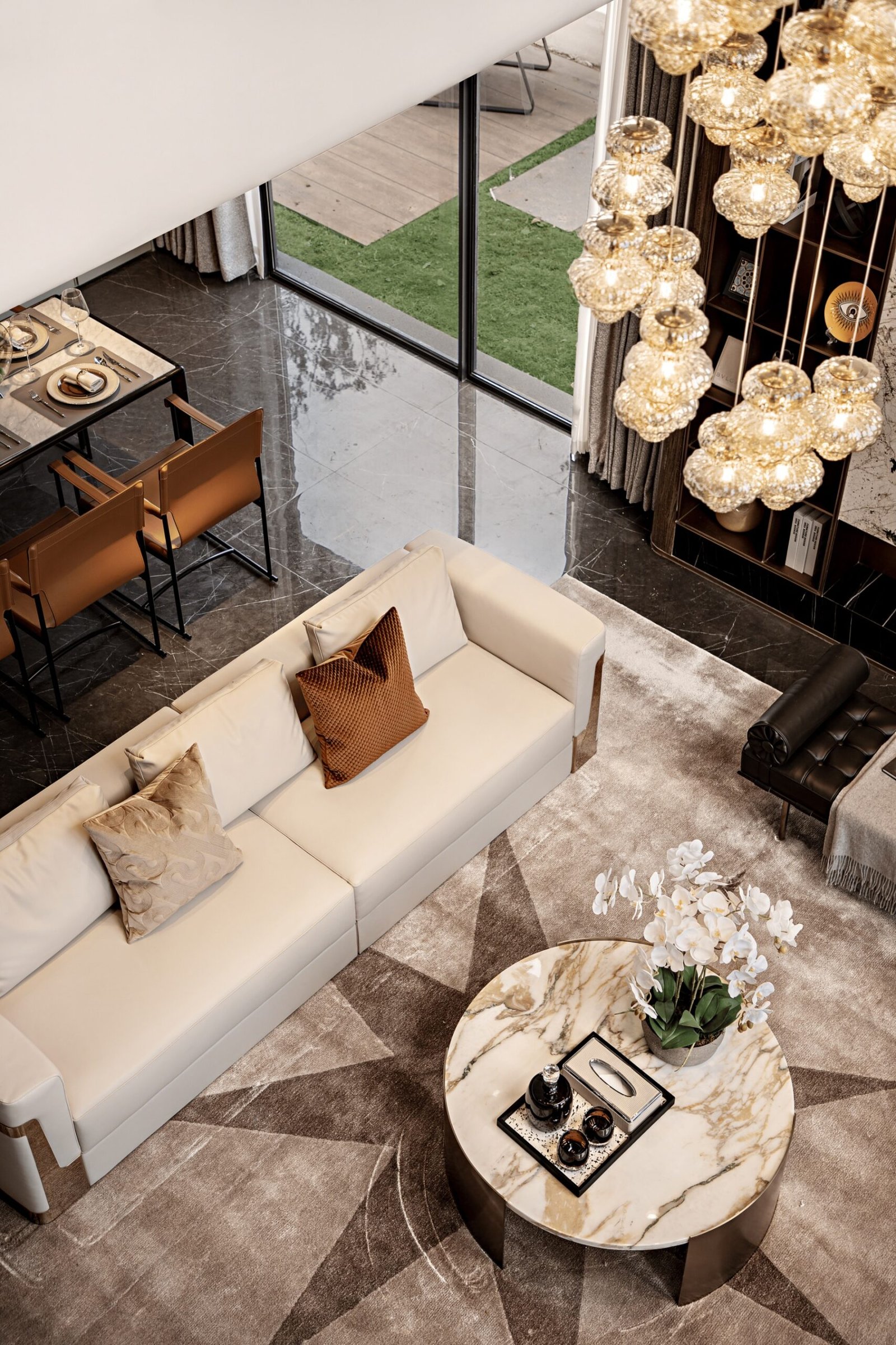 Villa Design Kitchen Cabinet Design Interior Design of High-Volume Villas Log Veneer Skeleton Line Hanging Cabinet Living Room - Image 10