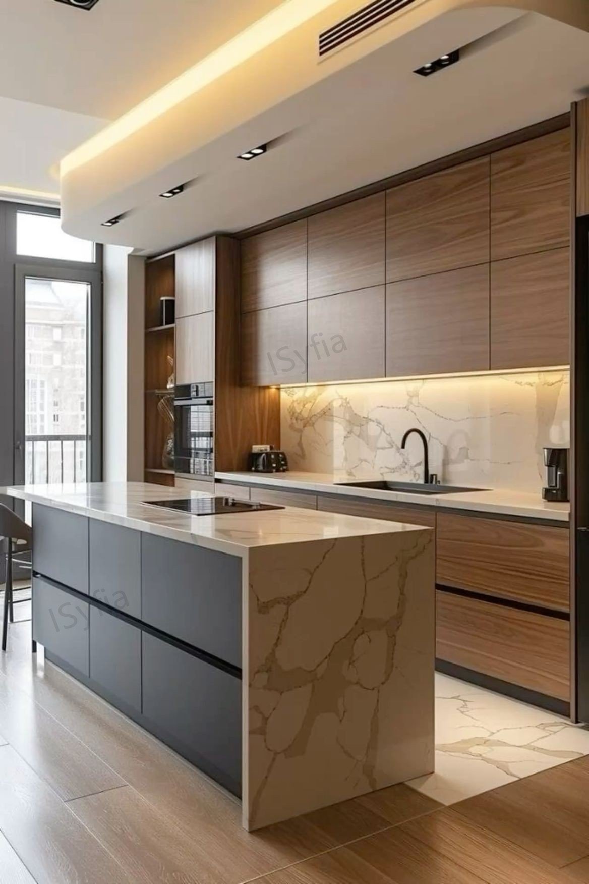 Modern Travertine Wood Marble/Granite Breakfast Bar Stool Set Kitchen Island Cabinet for Restaurant or Villa Custom Kitchen - Image 4