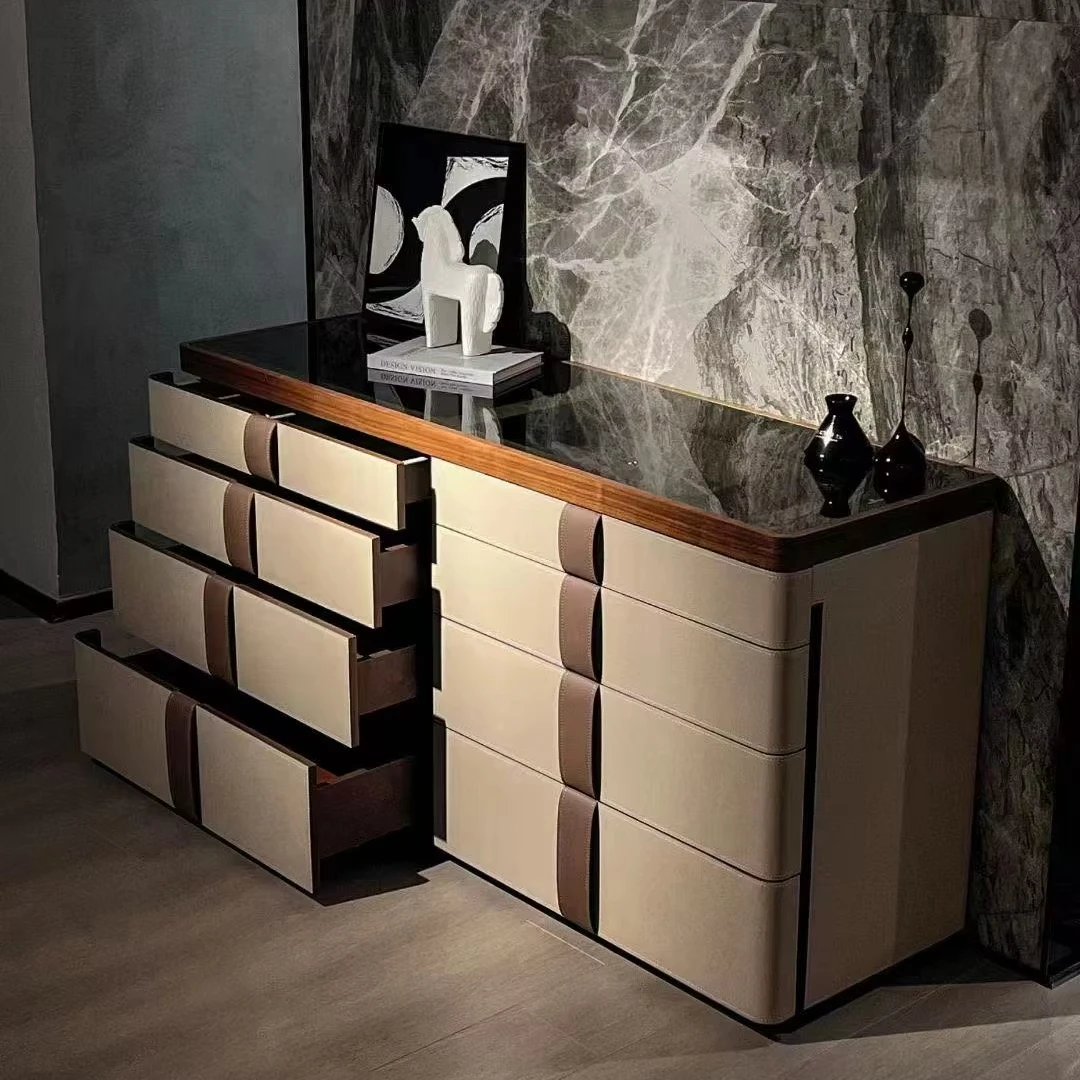 Italian High-End Console Cabinet Eight-Bucket Jewelry Table for Luxury Modern Bedroom Stainless Steel and Wood Home Furniture - Image 3