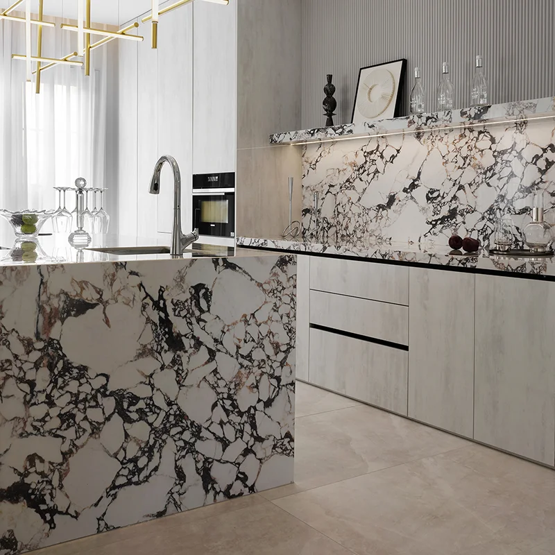 Luxury Custom Kitchen Cabinets White Marble Wood Grain Style with Integrated Island Storage for Villa Apartments - Image 3