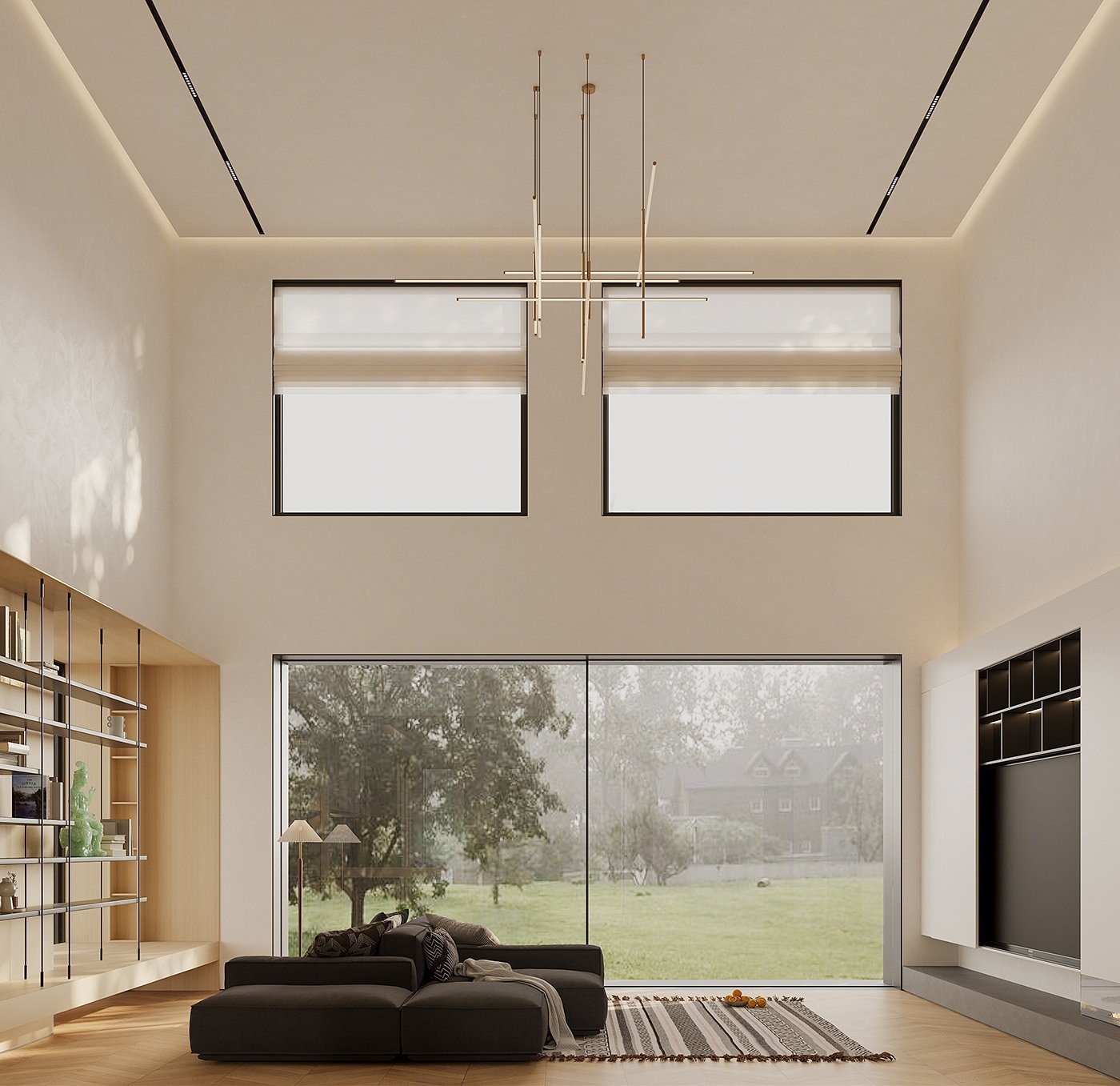 Villa Design Kitchen Cabinet Design Interior Design of High-Volume Villas Log Veneer Skeleton Line Hanging Cabinet Living Room - Image 2