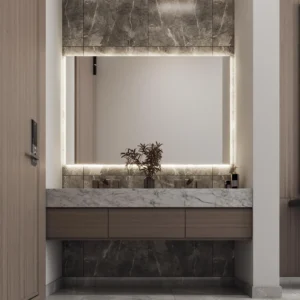 Modern Sustainable Wall-Mounted Plywood Bathroom Wash Basin Cabinet with Ceramic Countertop Bath Mirror for Hotels