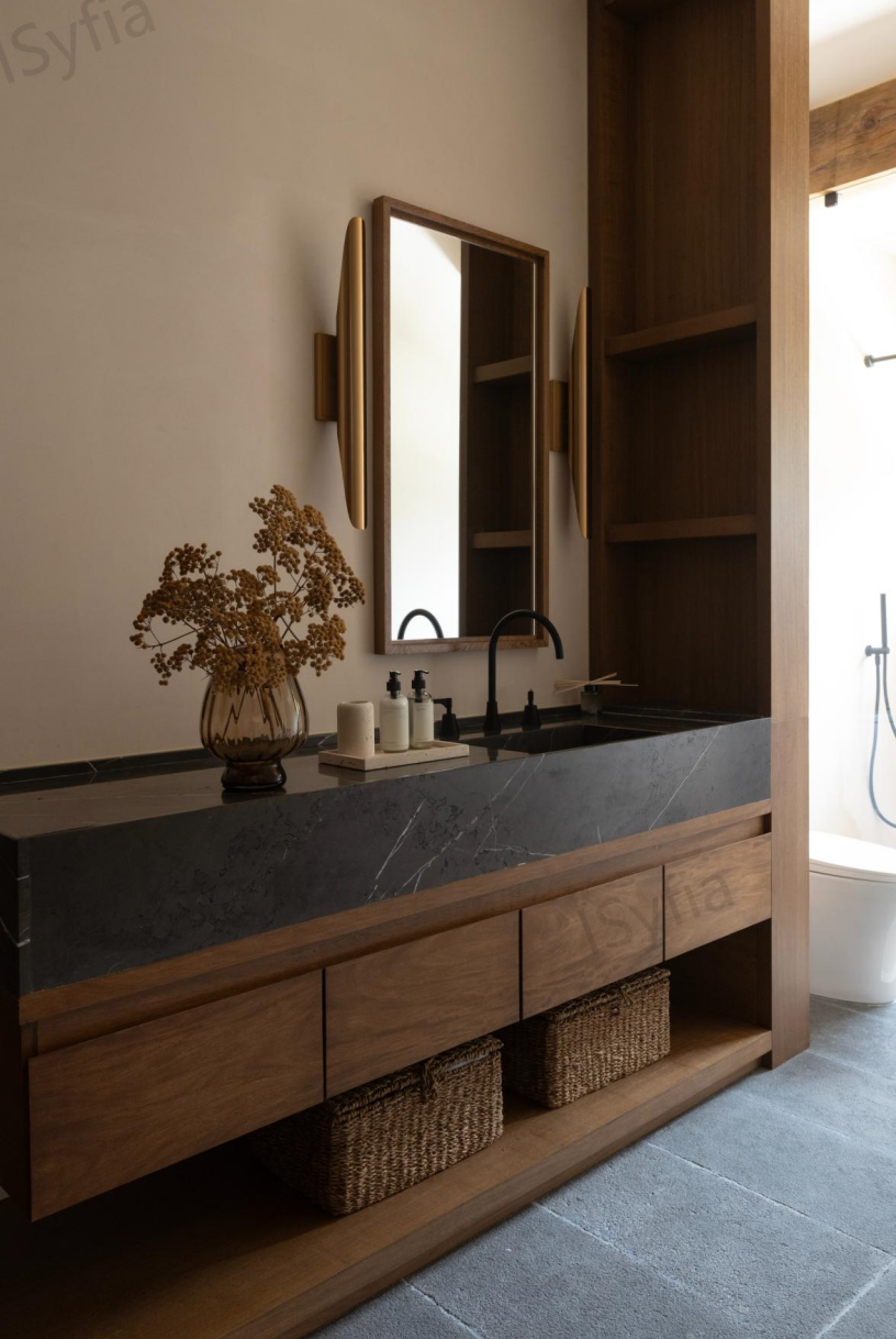 Hotel Vanity Villa High-End Light Luxury Large Wall-Mounted Bathroom Vanity Cabinet with Bath Mirrors Solid Wood Carcase Marble - Image 6