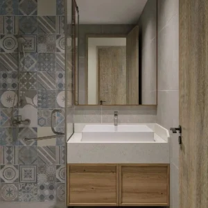 Hotel Vanity Villa Japanese Style Wall-Mounted Bathroom Vanity Cabinet with Bath Mirrors Solid Wood Carcase Marble