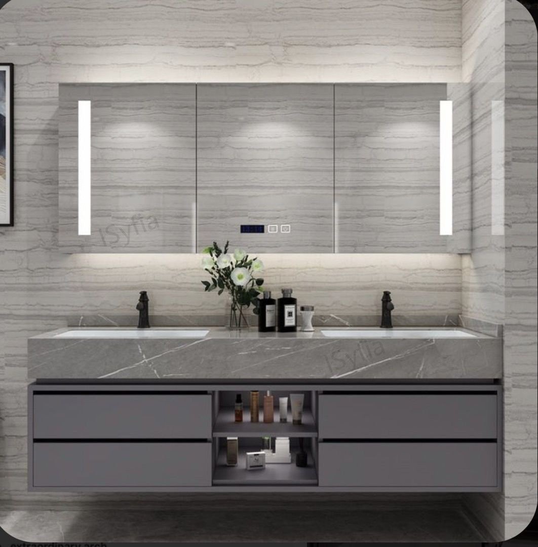 Hotel Vanity Villa High-End Light Luxury Large Wall-Mounted Bathroom Vanity Cabinet with Bath Mirrors Solid Wood Carcase Marble - Image 8