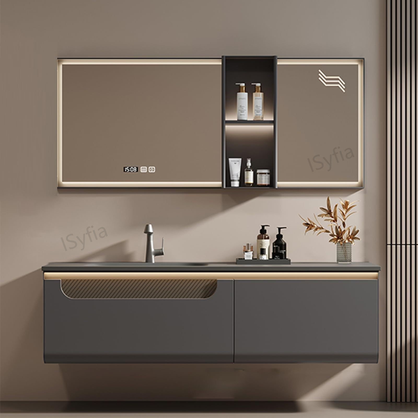 Hotel Vanity Villa High-End Light Luxury Large Wall-Mounted Bathroom Vanity Cabinet with Bath Mirrors Solid Wood Carcase Marble - Image 6